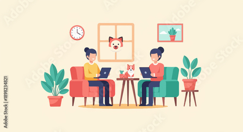 Two people sit on sofas working on laptops with dogs and plants