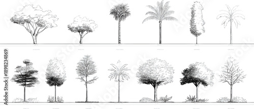 Collection of black and white botanical of various trees and palm trees