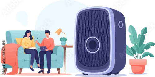Two people on a sofa, a large speaker and a plant