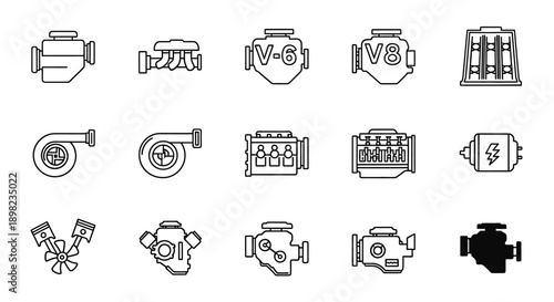 Line art icons illustrating various car engine types and essential automotive components like V6, V8, turbochargers, and pistons.