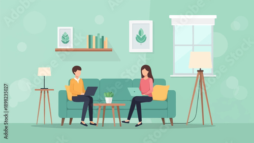 Two people on a couch working on laptops in a room