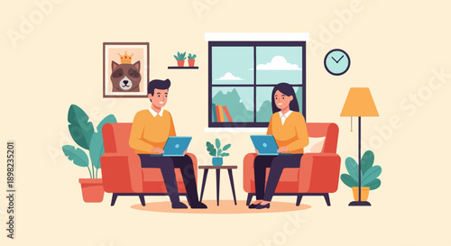 Two people sit in chairs on laptops, interior, framed art