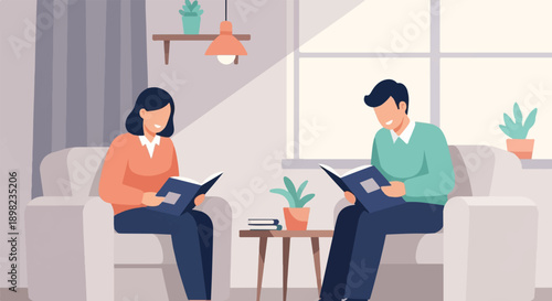 Two people relaxing indoors, reading books in comfortable armchairs