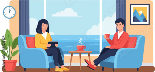 Two people relaxing indoors with a view of the ocean and a framed artwork