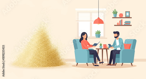 Two people sit in armchairs, reading and looking at devices, in a room