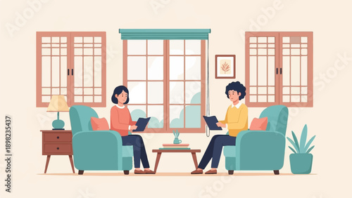 Two people sit on cozy sofas in a room, reading and discussing