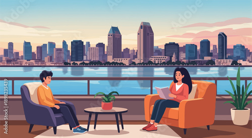 Two people relaxing on chairs with a city skyline and water view