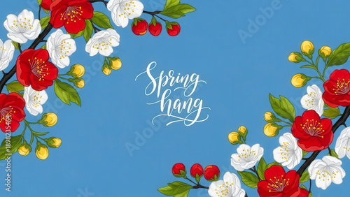 Beautiful spring fling illustration with red and white blossoms on branches, celebrating the season's arrival