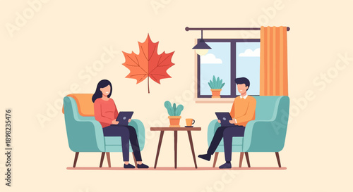 Two people sit in armchairs working on laptops in a cozy room