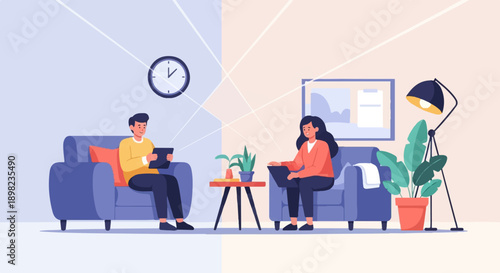 Two people relaxing on sofas, interacting digitally with tablets