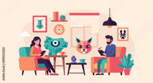 Two people sit in chairs, engaged in conversation with whimsical creatures