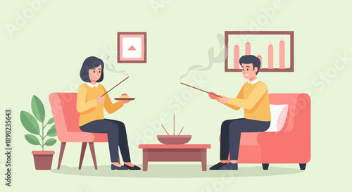 Two people sit in chairs, holding incense sticks emitting smoke
