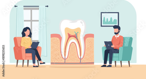 Two people sit in chairs, looking at laptops, beside a large cross-section of a tooth