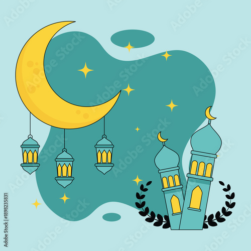 Ramadan Kareem Night Illustration with Crescent Moon, Lanterns and Mosque