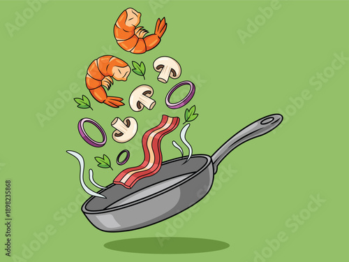 Vector illustration of a frying pan with floating cooking ingredients including shrimp, bacon strips, sliced mushrooms, onion rings, and fresh herbs on a green background