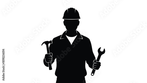 black silhouette of a construction worker holding a hammer and wrench, isolated on transparent background, png