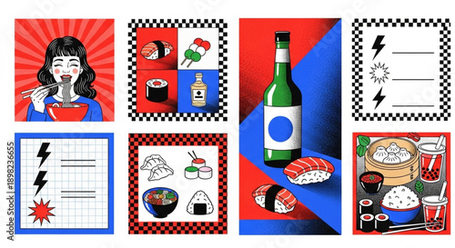 Japanese Cuisine and Beverages with a Retro Pop Art Style