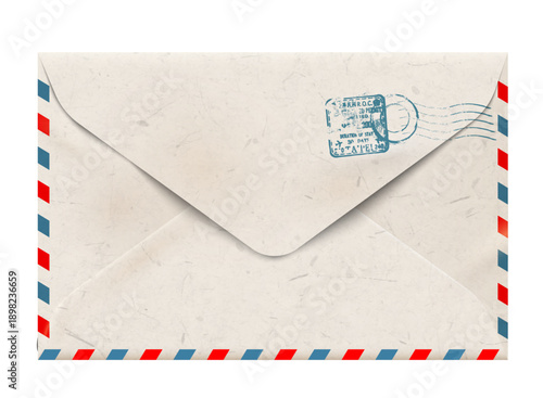 Textured paper air mail envelope with postage seal and blue red stripes