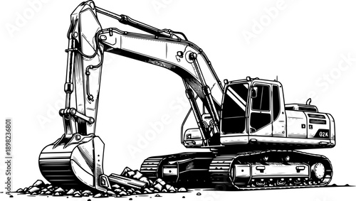 Heavy Tracked Excavator Shoveling Machine Vector Illustration