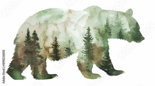 Double exposure bear silhouette with pine forest and mountain landscape inside on light background