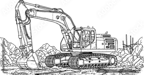 Heavy Tracked Excavator Shoveling Machine Vector Illustration