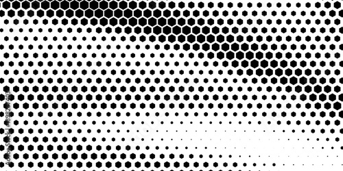Hexagon halftone gradient texture. Abstract black grunge background. Geometric retro halftone tech wallpaper. Fading wavy hexagonal pattern backdrop. Vector vanishing honeycomb grunge bitmap overlay