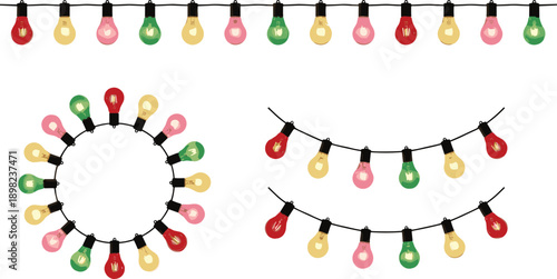 Colorful string lights illustration set, festive garland, party decoration, holiday background design