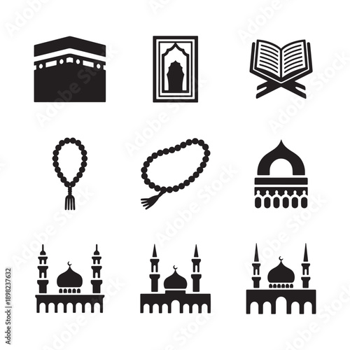 Islamic Holy Elements Silhouette Icons Kaaba, Quran, Prayer Mats And More