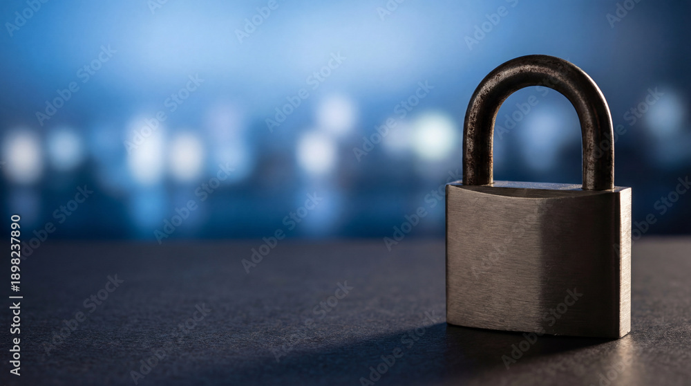 Fototapeta premium Padlock on blue tech backdrop. Padlock symbolizes cybersecurity, encryption and data privacy for Safer Internet Day, Data Privacy Day campaigns, secure access concept with copy space