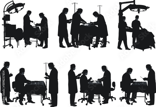 Surgery team silhouettes set, operating room doctors, medical procedure, hospital vector illustration