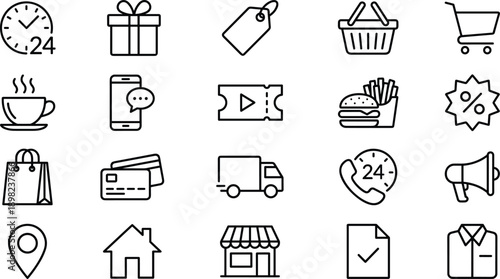 Ecommerce line icons set, shopping cart, delivery, discount, support, store, marketing
