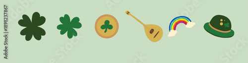 Patrick's Day simple linear icons, Irish folk musical instruments, festive flags, garlands, leprechauns, clover leaves, good luck symbols, retro vintage style Saint Patrick's Day vector illustration.