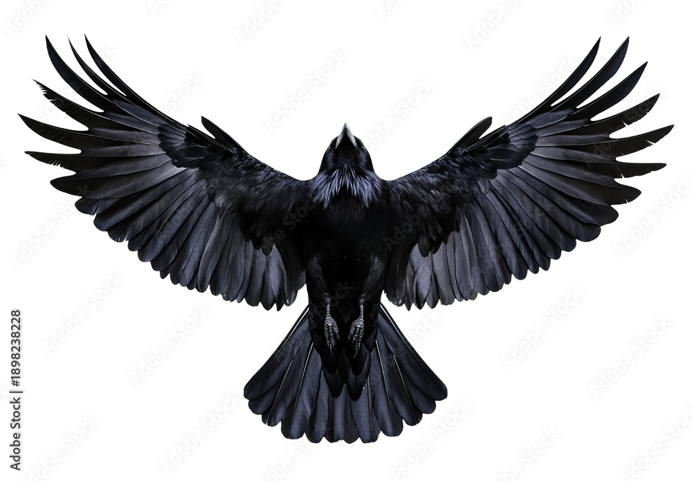 Fototapeta premium black raven in flight, with its wings spread wide, against a transparent background