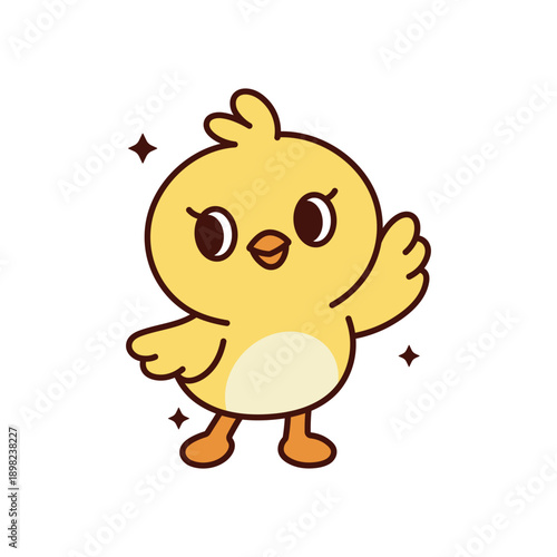 Cute baby chick waving its wing in a friendly gesture. Adorable yellow character, vector isolated on white background. Perfect for Easter, spring, kids projects, greetings and cheerful illustrations.