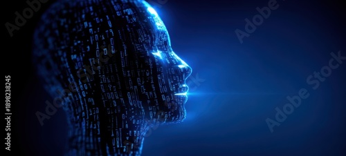 The Digital Head of Artificial Intelligence Composed of Code and Blue Light