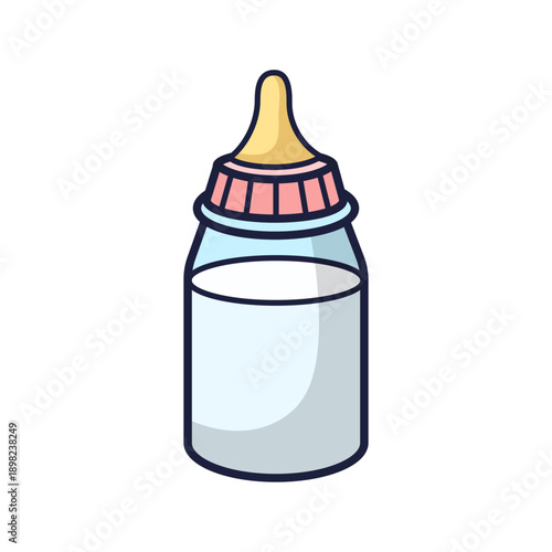 Bottle with pacifier outline cartoon illustration. Hand drawn baby bottle. Fast Baby food illustration, isolated vector. Illustration for children clothing design, gender parties, baby shower.