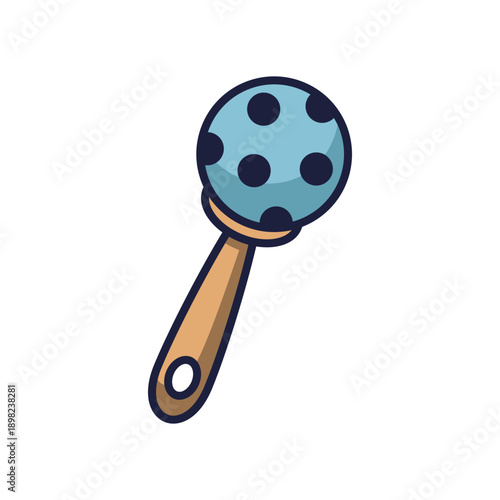 Baby rattle cartoon illustration. Outline percussion musical instrument icon. Illustration for children clothing design, gender parties, baby shower. Vector