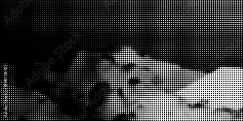 Grunge halftone gradient background. Faded grit noise texture. White and black sand wallpaper. Retro pixelated backdrop. Anime or manga style comic overlay. Vector graphic design textured template