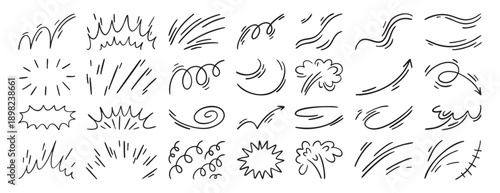 Expression and movement elements. Hand drawn emotion line, effects. Abstract hitting, jumping animation. Doodle curves, swirl, shape, motion. Vector set. Isolated puff and curved.