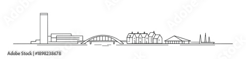 Minimalist skyline silhouette of urban cityscape with bridge and buildings