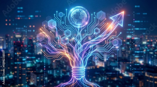 Wallpaper Mural Digital circuit tree branches from a light bulb base with an upward arrow against a nighttime city skyline background. Torontodigital.ca