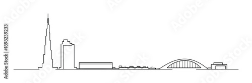 Minimalist city skyline silhouette with tall skyscraper and modern architecture