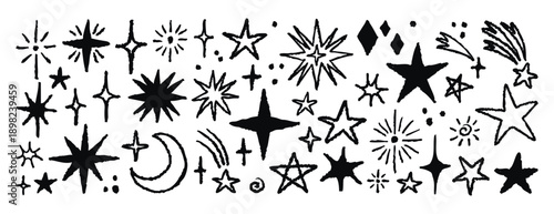 Hand drawn stars with rough edges and sketchy texture. Monochrome line art, hand drawn.