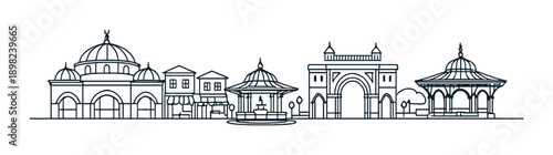 Elegant architectural skyline of domes and pavilions against a dark background