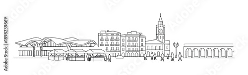 Minimalist cityscape illustration with market stalls and clock tower