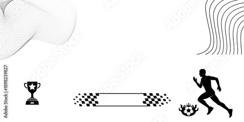 Athletics Achievement Set with Running Man Silhouette Trophy Icon and Checkered Race Flags