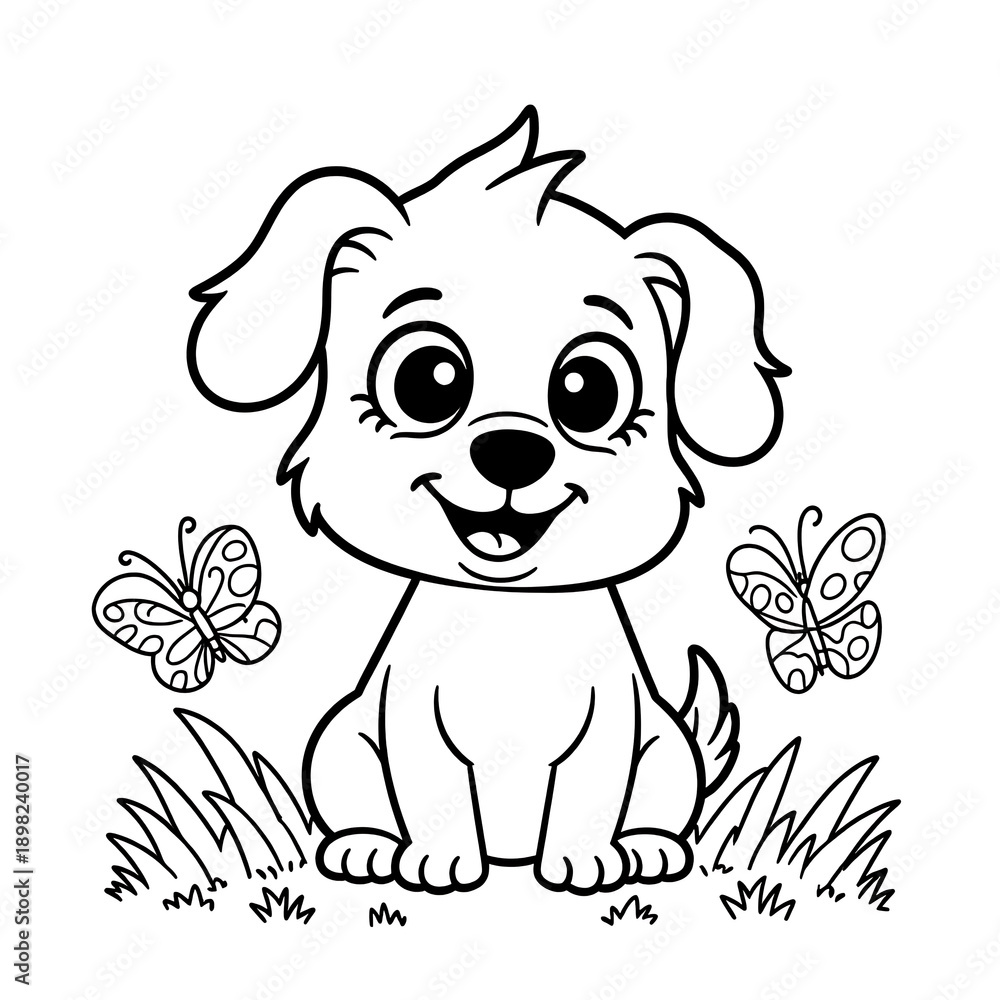 Fototapeta premium Cute cartoon puppy sitting in grass with butterflies, black and white outline for coloring page