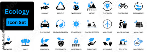 Ecology icon set. Eco friendly and environment icon set. Symbols for sustainability, renewable green energy, nature, recycling and ecology concept vector illustration.
