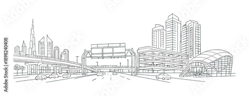 Modern urban skyline at night with illuminated highways and skyscrapers