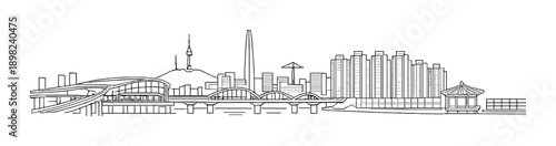 Seoul skyline illustration featuring iconic landmarks and modern architecture